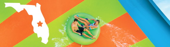 Two people in an inner tube on a water ride and an icon of the state of Florida