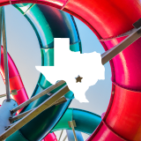 Interwoven water slides seen from below with an icon of the state of Texas