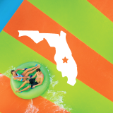 Two people in an inner tube on a water ride and an icon of the state of Florida