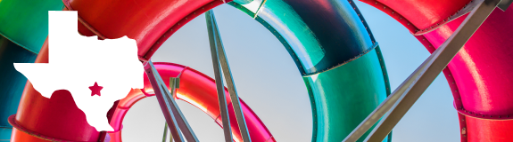 Interwoven water slides seen from below with an icon of the state of Texas