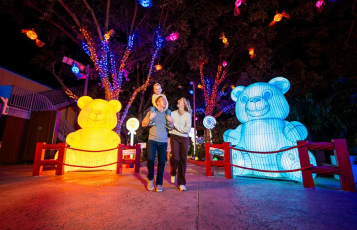 Family next to giant bear lanterns