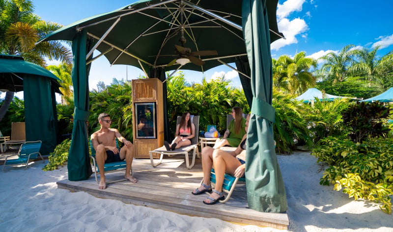 A group of people in a cabana