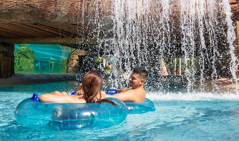 Lazy river waterfalls at Aquatica Orlando