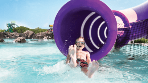 Child riding the Tonga Twister slide at Aquatica San Antonio